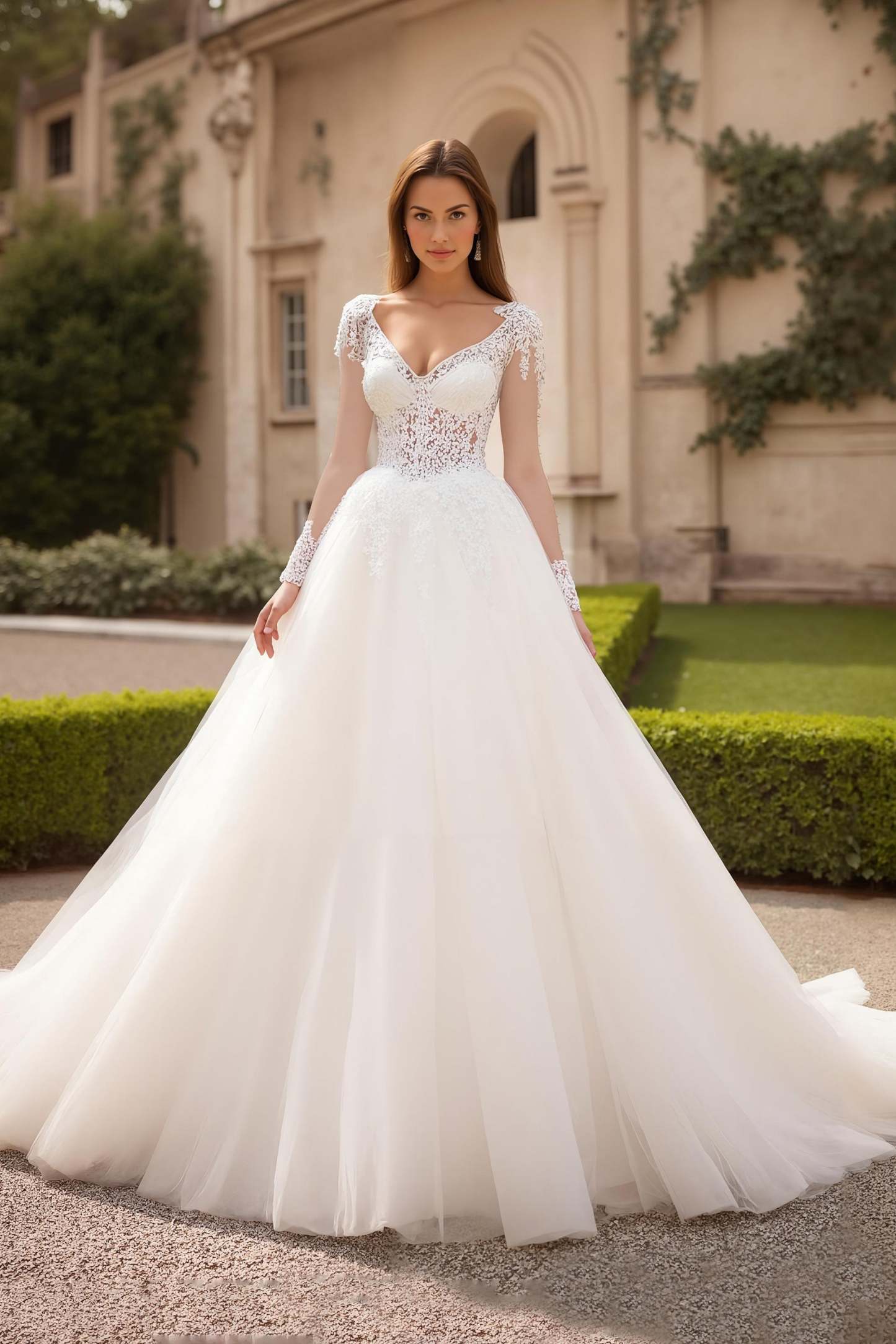 Leely Women Ivory Tulle Sweep Train Wedding Dress with Lace V-Neck Ball Gown Long Sleeves Bridal Dress