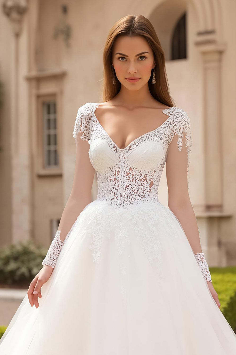 Ivory Tulle V-Neck Long Sleeves Ball Gown Sweep Train Wedding Dress with Lace