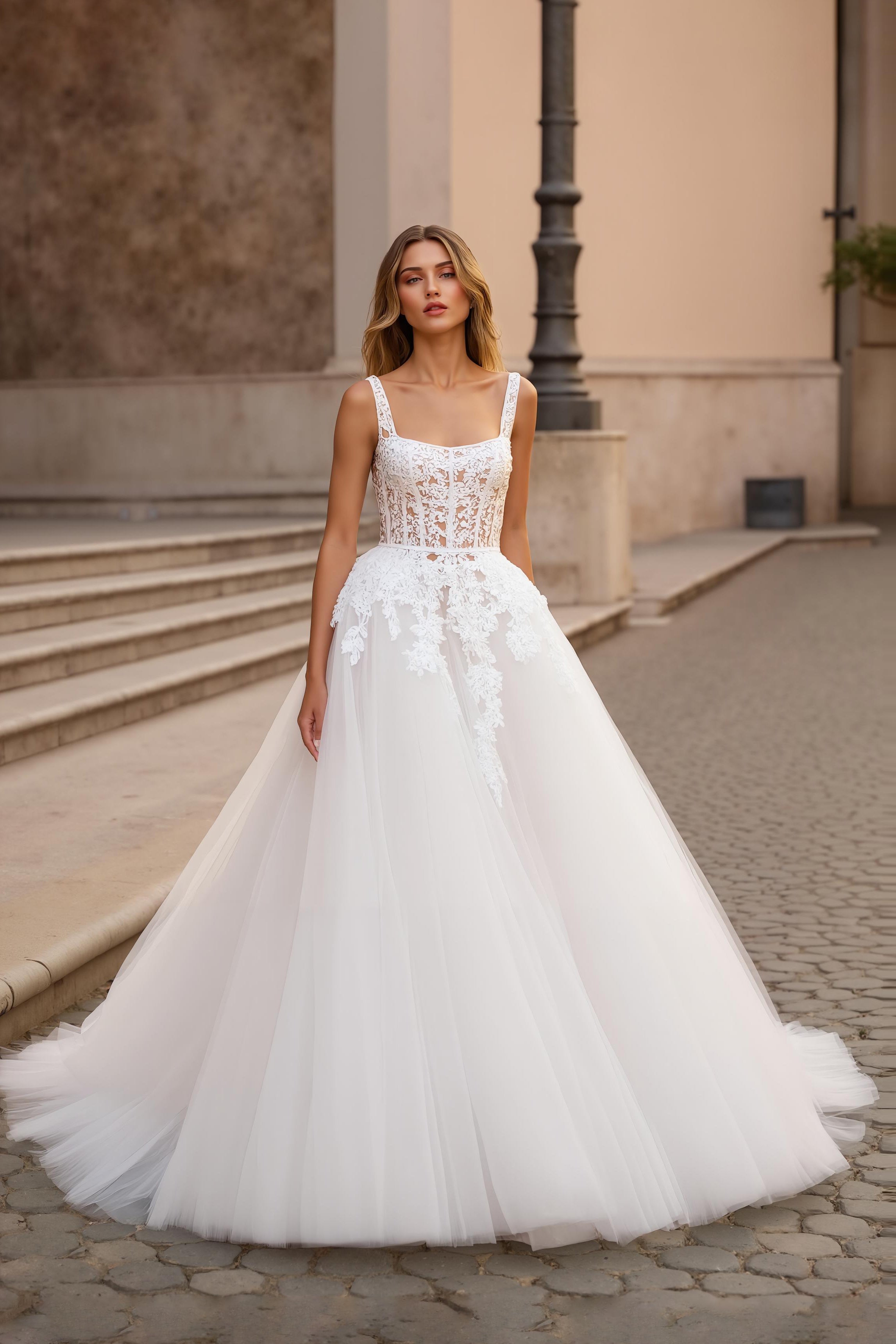 Square Neck Ivory Tulle Ball Gown Sweep Train Wedding Dress with Lace