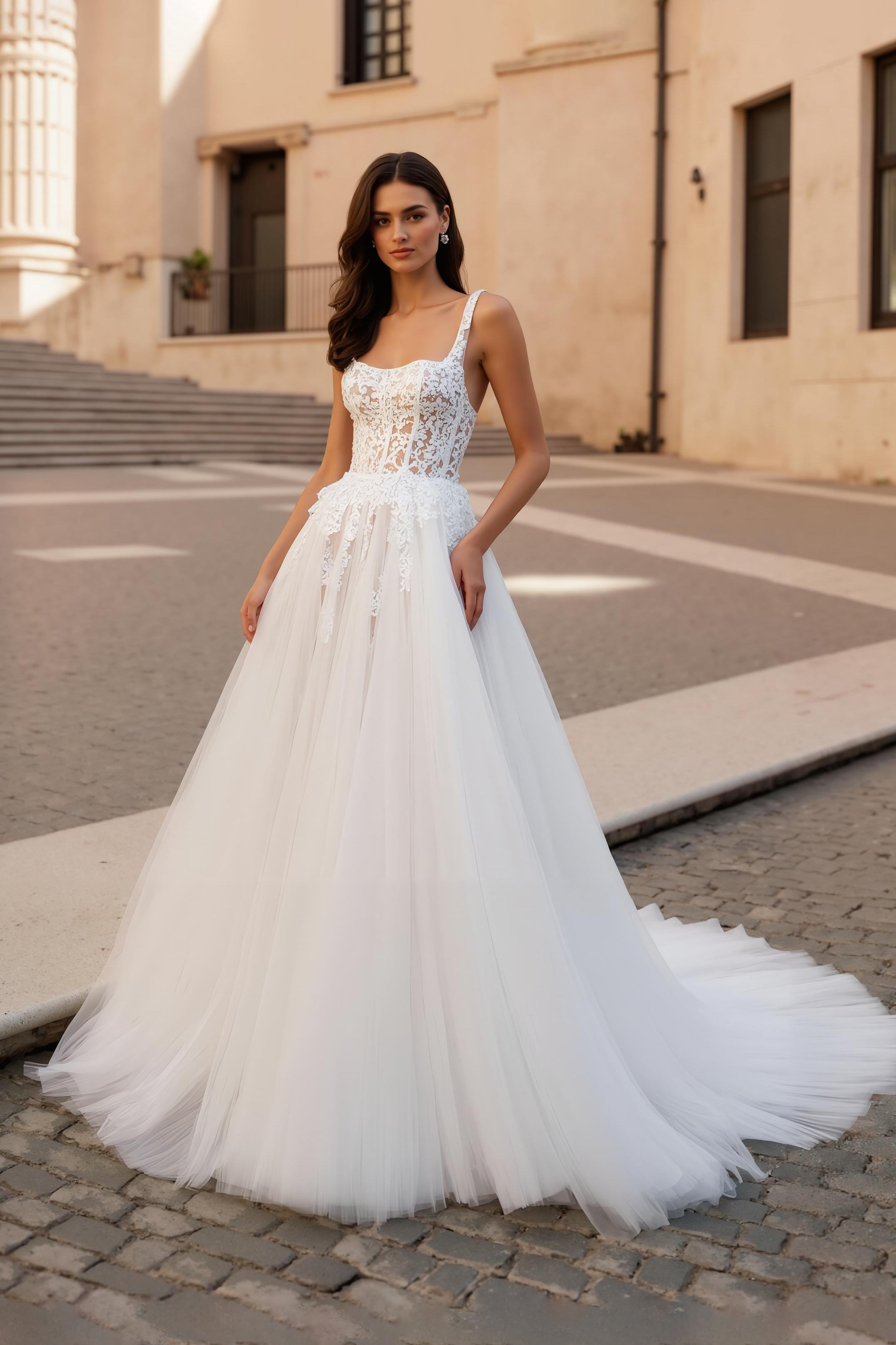 Square Neck Ivory Tulle Ball Gown Sweep Train Wedding Dress with Lace
