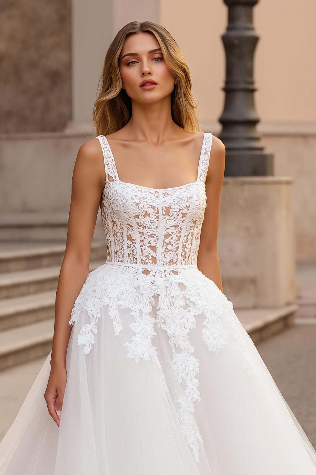 Square Neck Ivory Tulle Ball Gown Sweep Train Wedding Dress with Lace