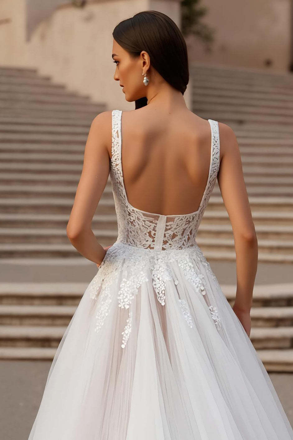 Square Neck Ivory Tulle Ball Gown Sweep Train Wedding Dress with Lace