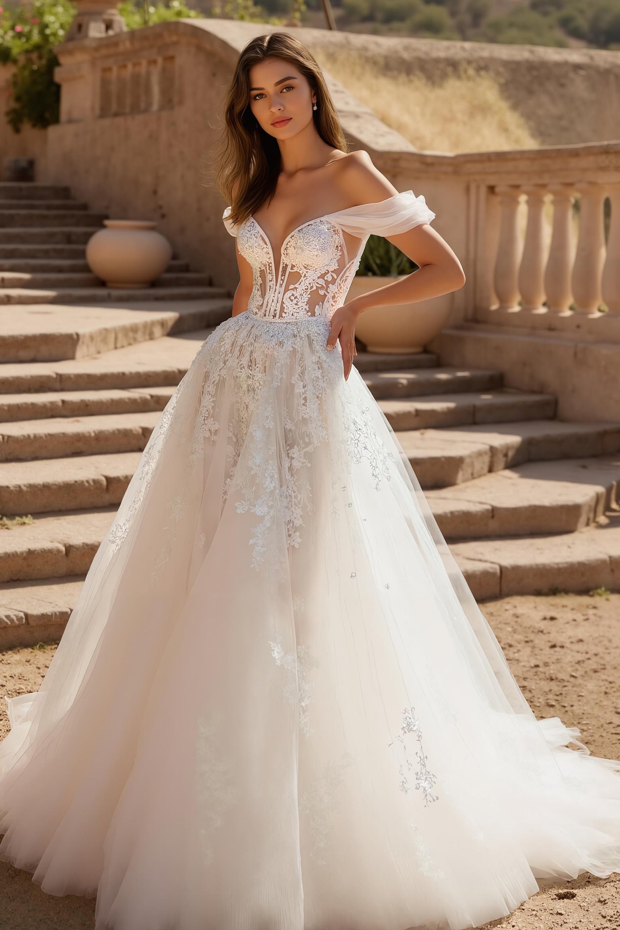 Off the Shoulder Ivory Ball Gown Sweep Train Tulle Wedding Dress with Lace