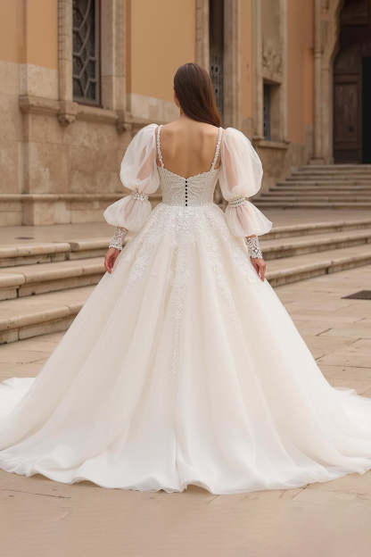 Ivory Ball Gown Sweep Train Square Neck Tulle Wedding Dress with Sleeves
