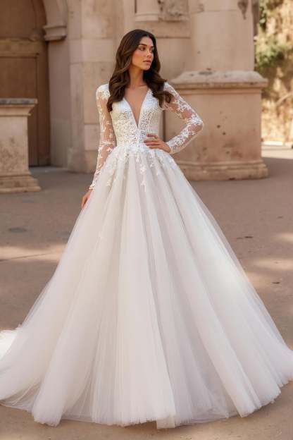 Leely Women Ivory Sweep Train Tulle Wedding Dress with Lace Ball Gown V-Neck Backless Long Sleeves Bridal Dress