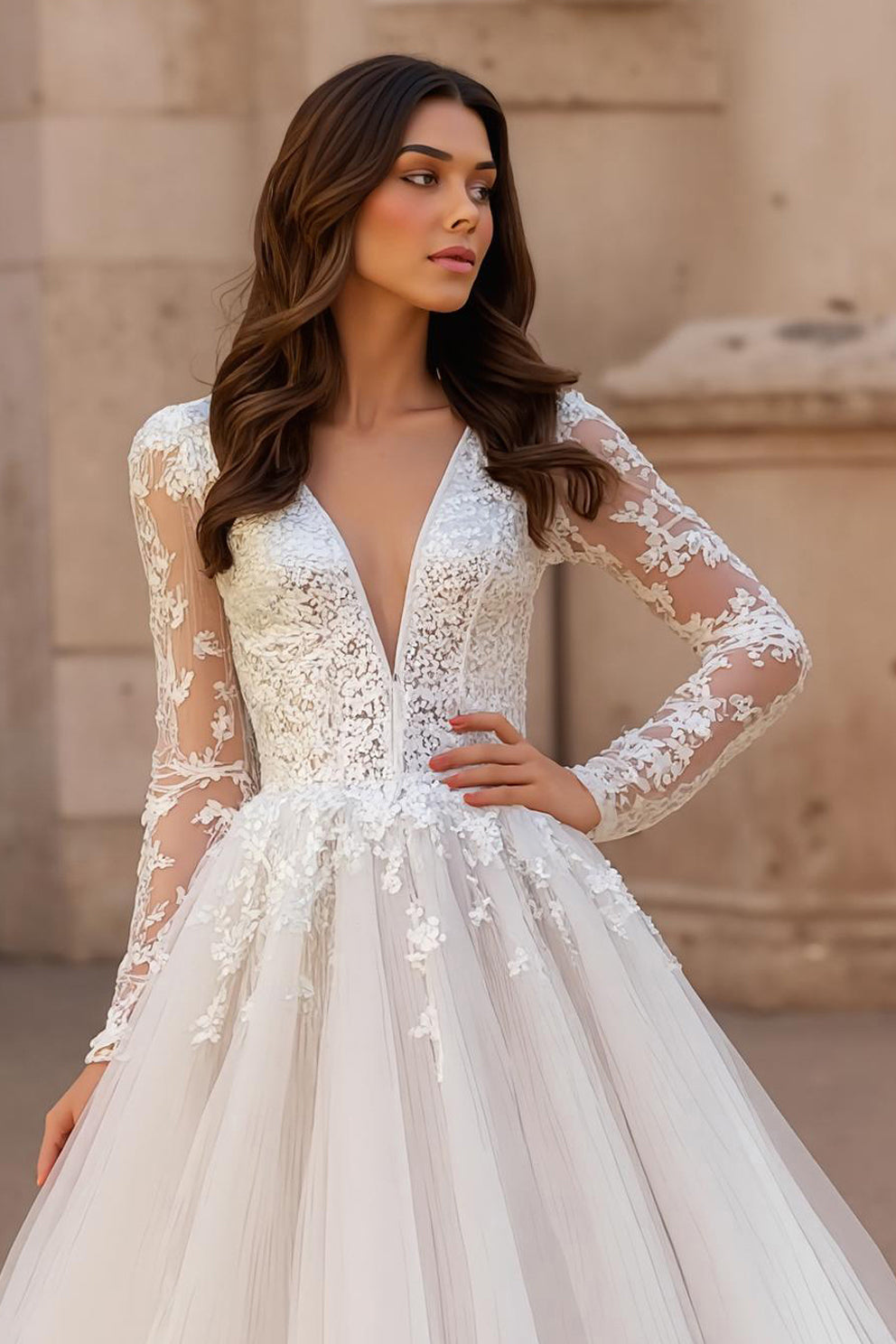 Ivory Ball Gown V-Neck Long Sleeves Tulle Wedding Dress with Lace