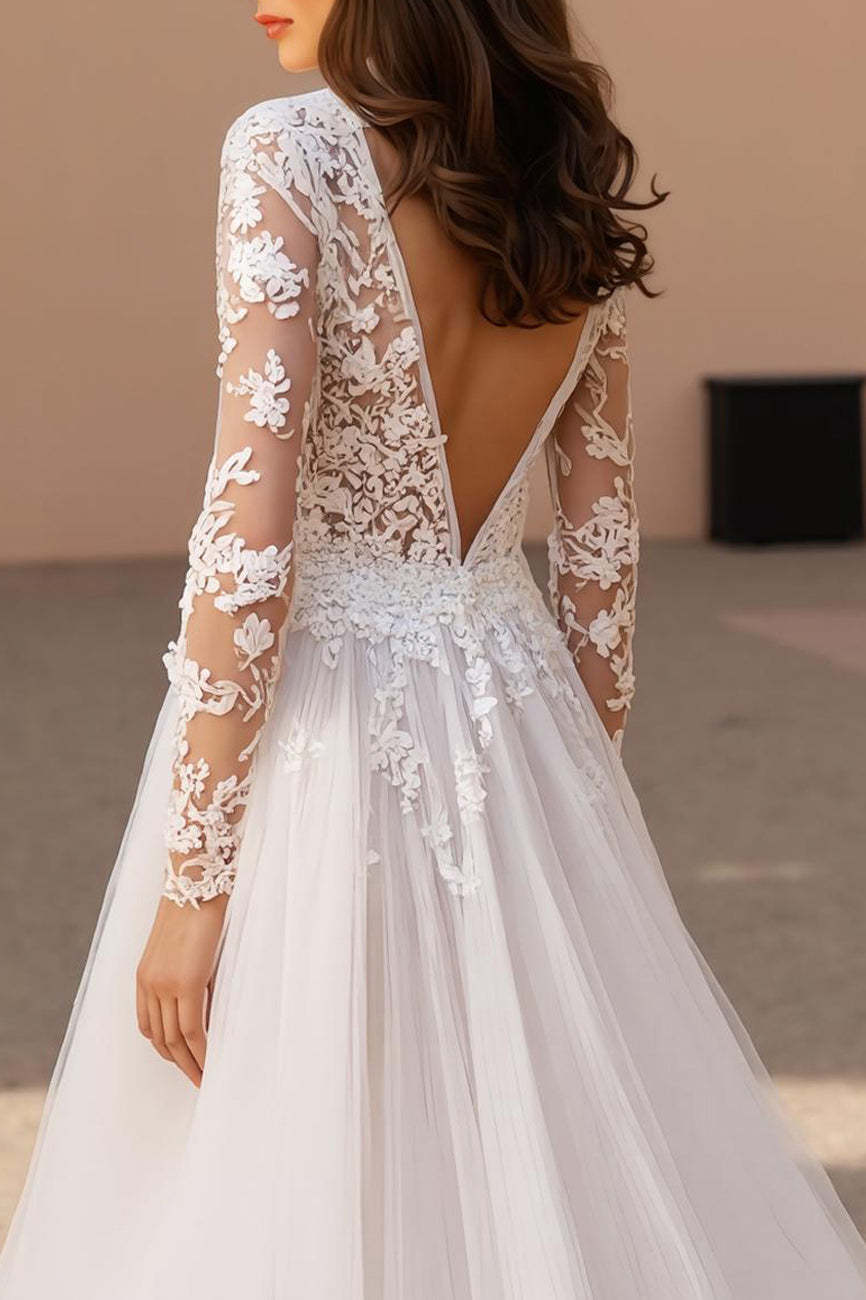 Ivory Ball Gown V-Neck Long Sleeves Tulle Wedding Dress with Lace