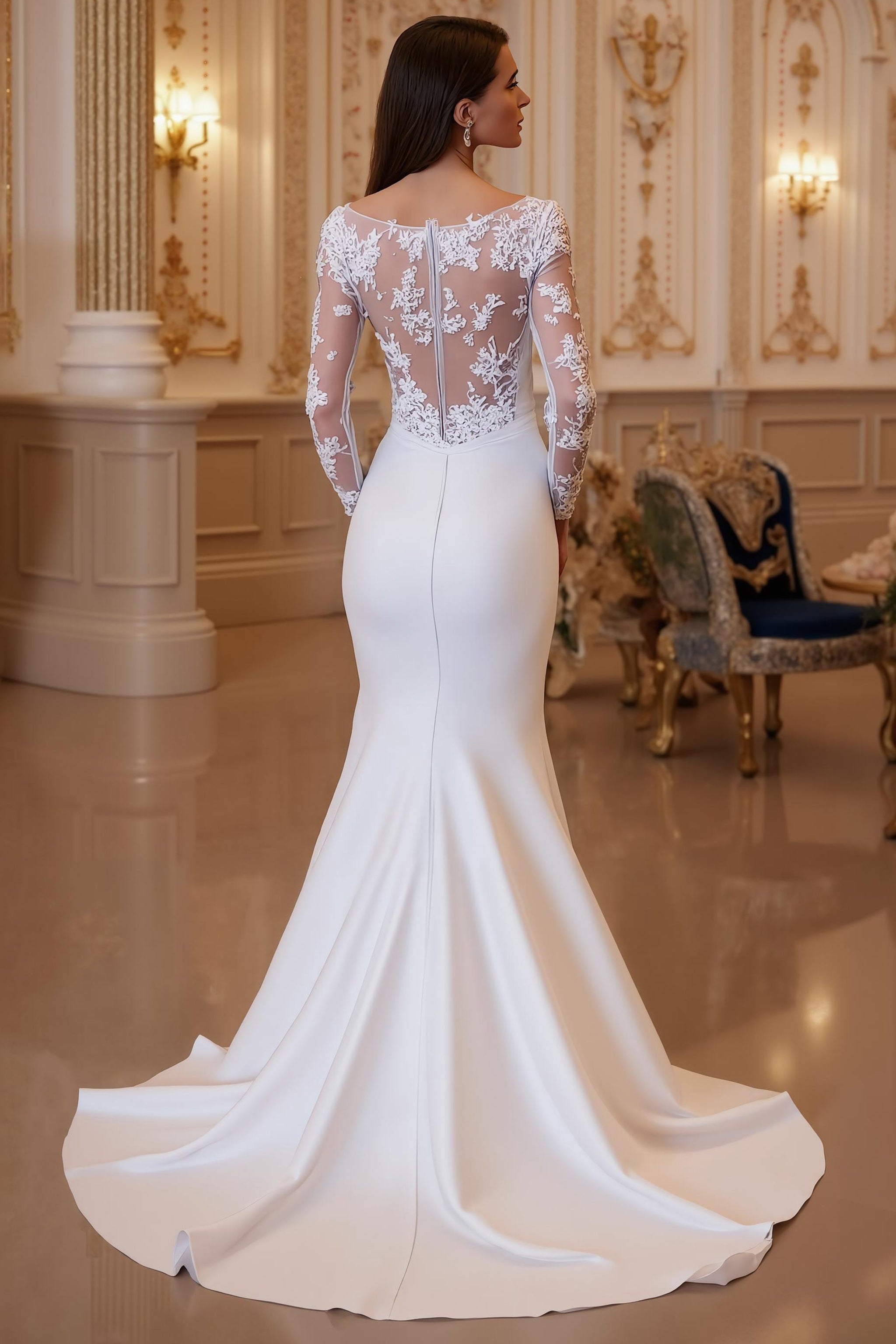 Mermaid Ivory Satin Sweep Train Wedding Dress with Sleeves