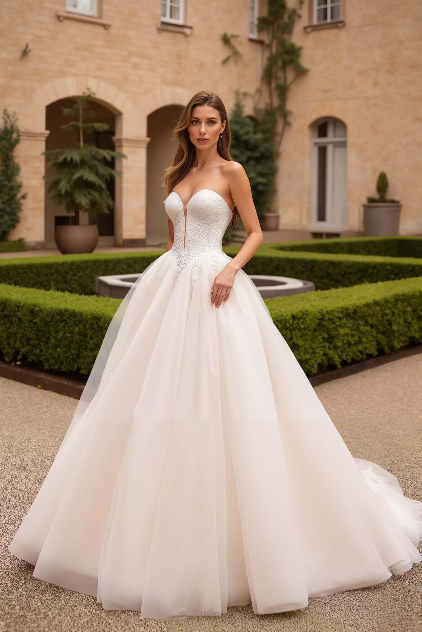 Leely Women Ivory Tulle Sweep Train Wedding Dress Sweetheart Ball Gown Bridal Dress with Lace