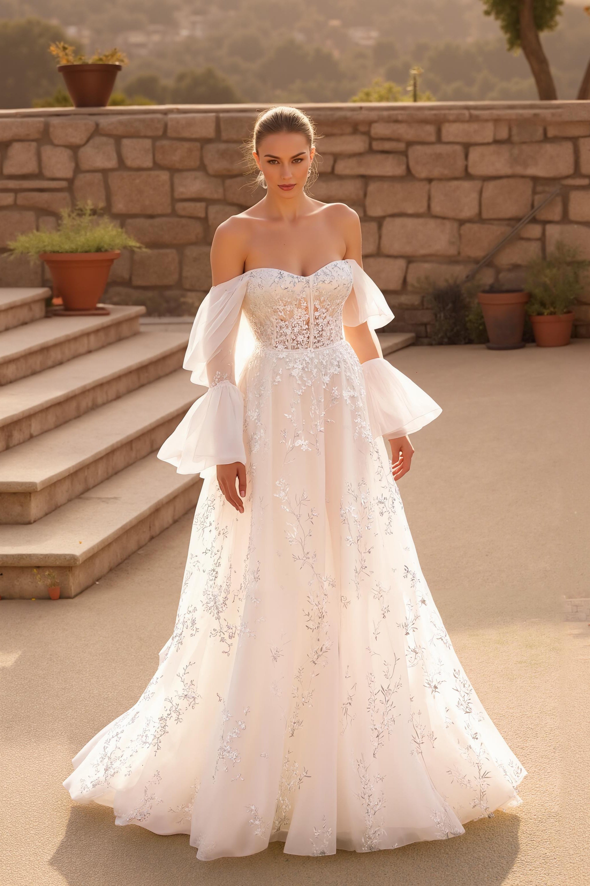 Leely Women Ivory A Line Sweep Train Floral Wedding Dress with Lace Long Sleeves Appliqued Off the Shoulder Bridal Dress