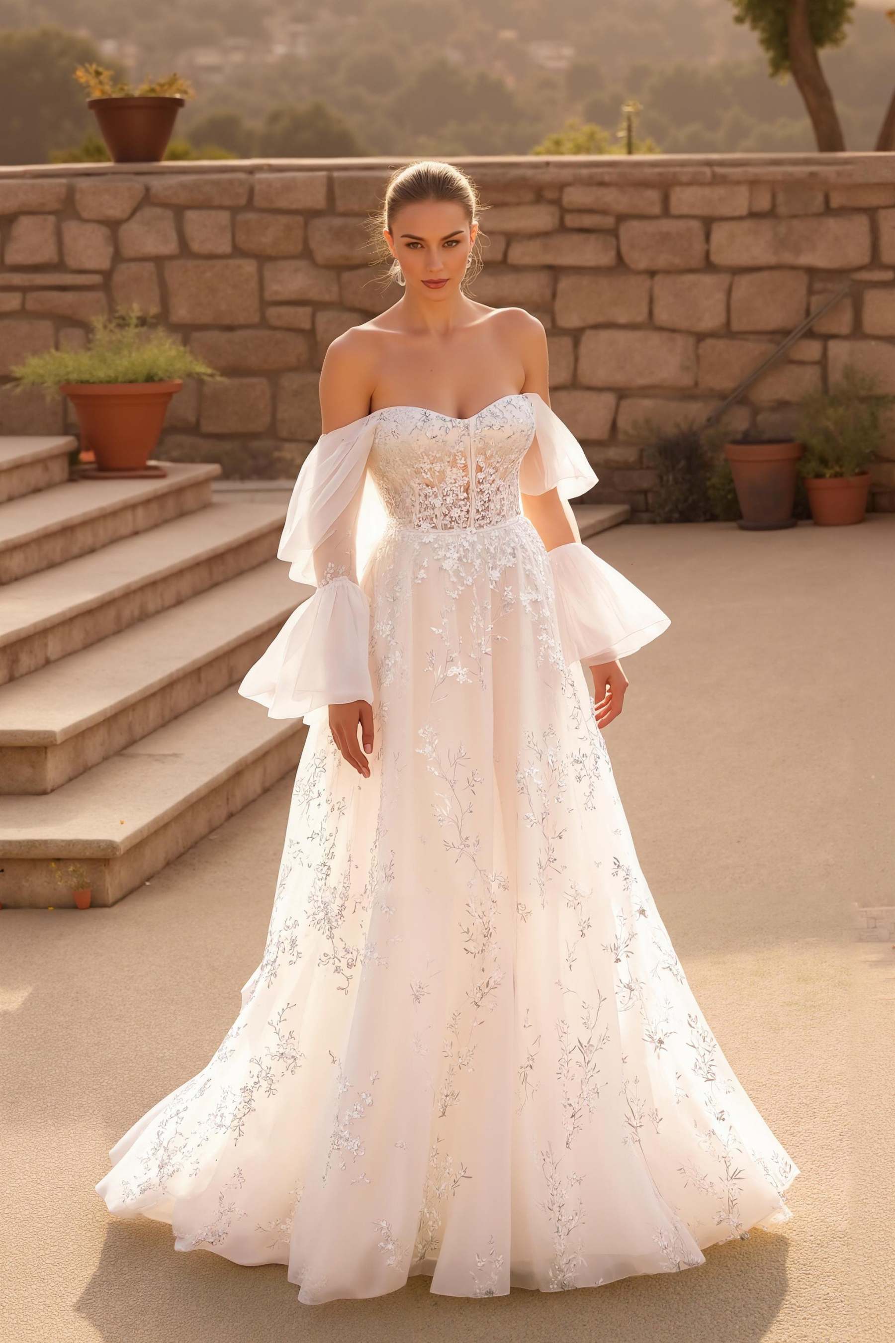 Leely Women Ivory A Line Sweep Train Floral Wedding Dress with Lace Long Sleeves Appliqued Off the Shoulder Bridal Dress