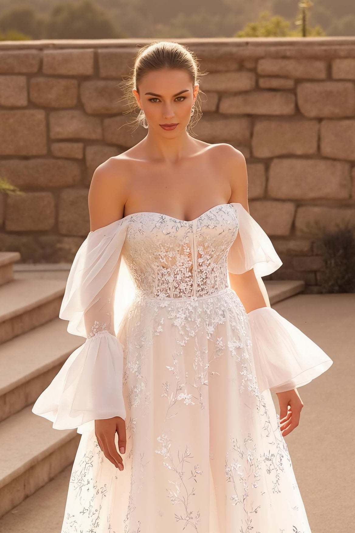 Ivory Off the Shoulder Sweep Train A Line Floral Wedding Dress with Lace