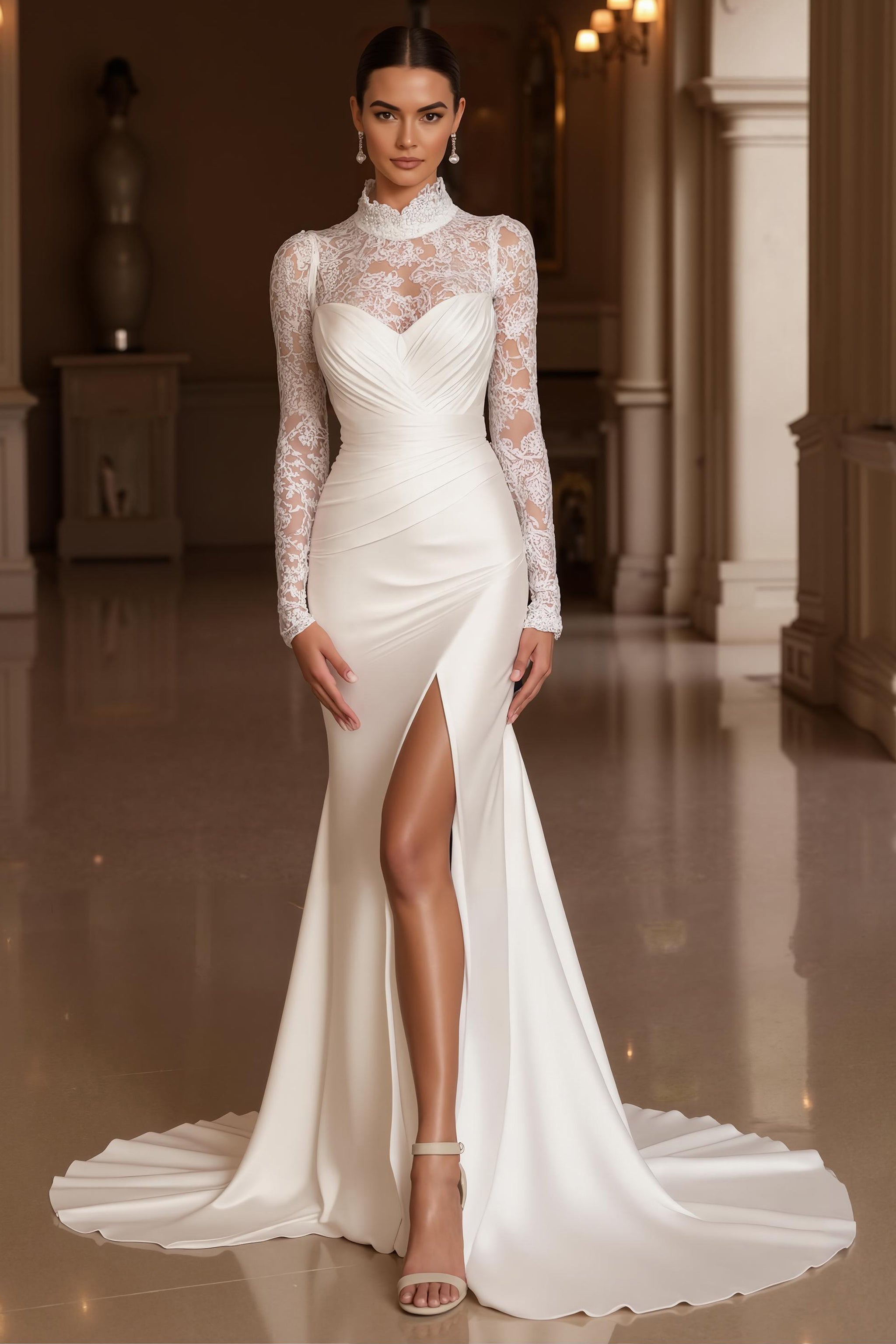 Mermaid Satin High Neck Ivory Sweep Train Vintage Wedding Dress with Slit