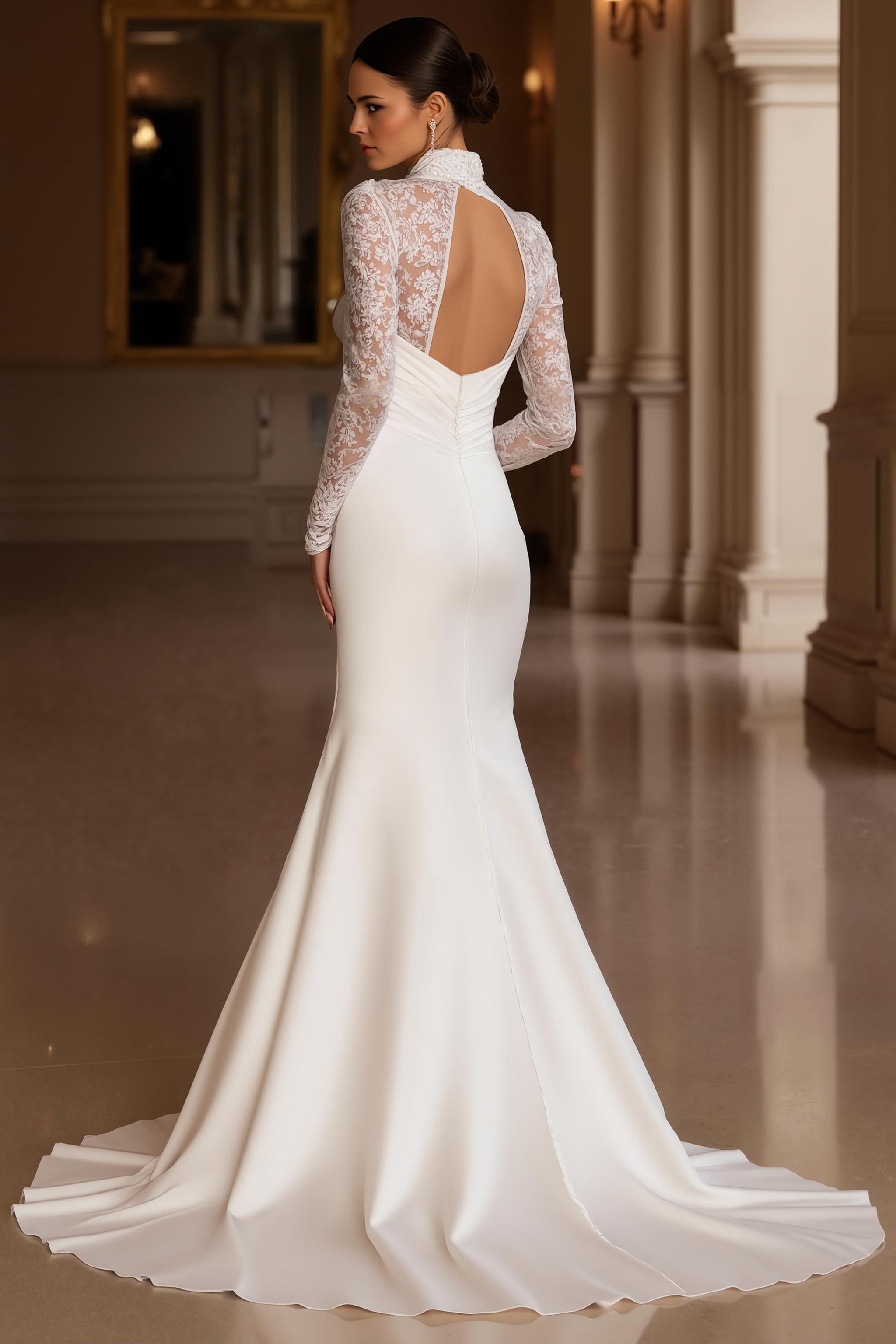 Mermaid Satin High Neck Ivory Sweep Train Vintage Wedding Dress with Slit