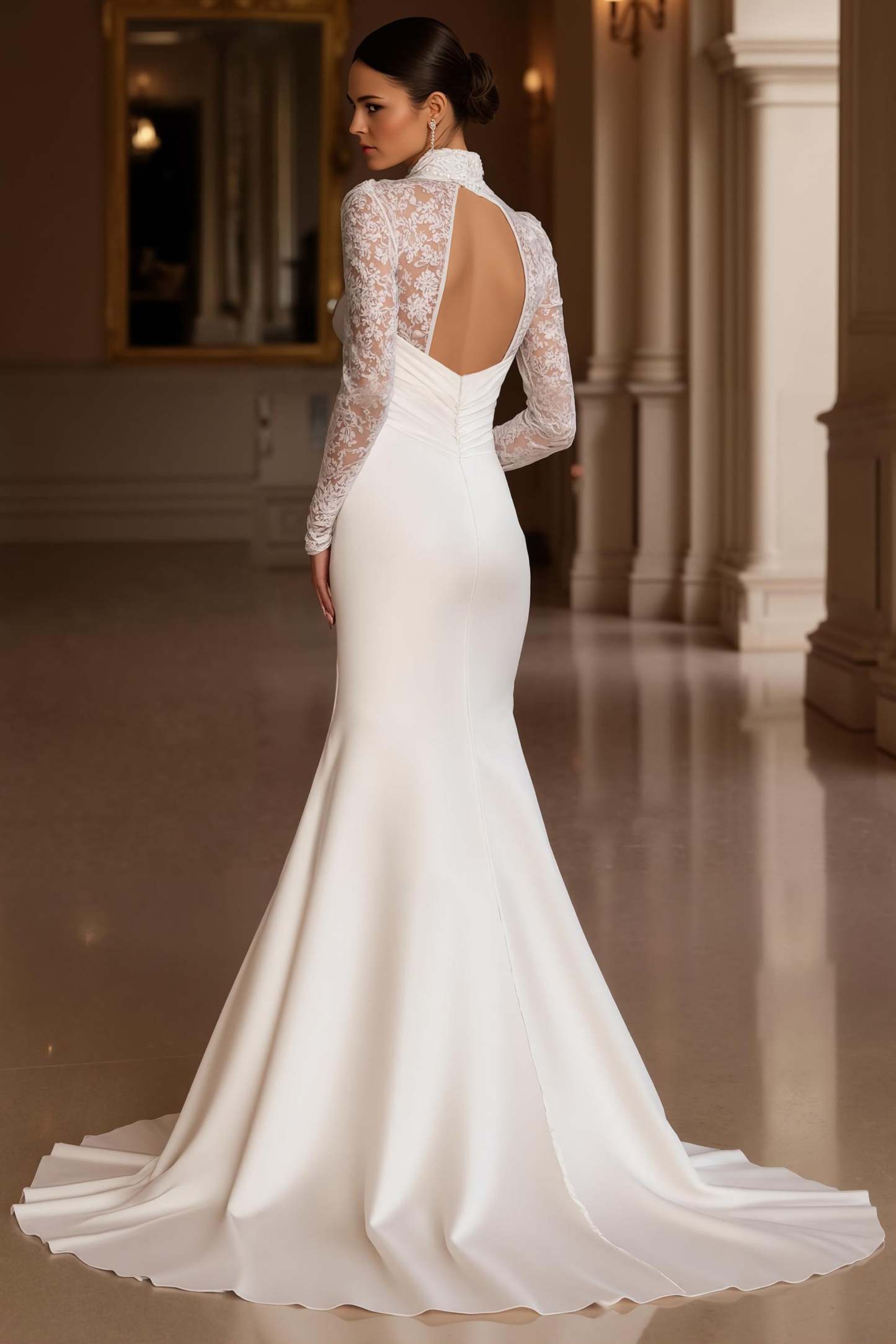 Mermaid Satin High Neck Ivory Sweep Train Vintage Wedding Dress with Slit