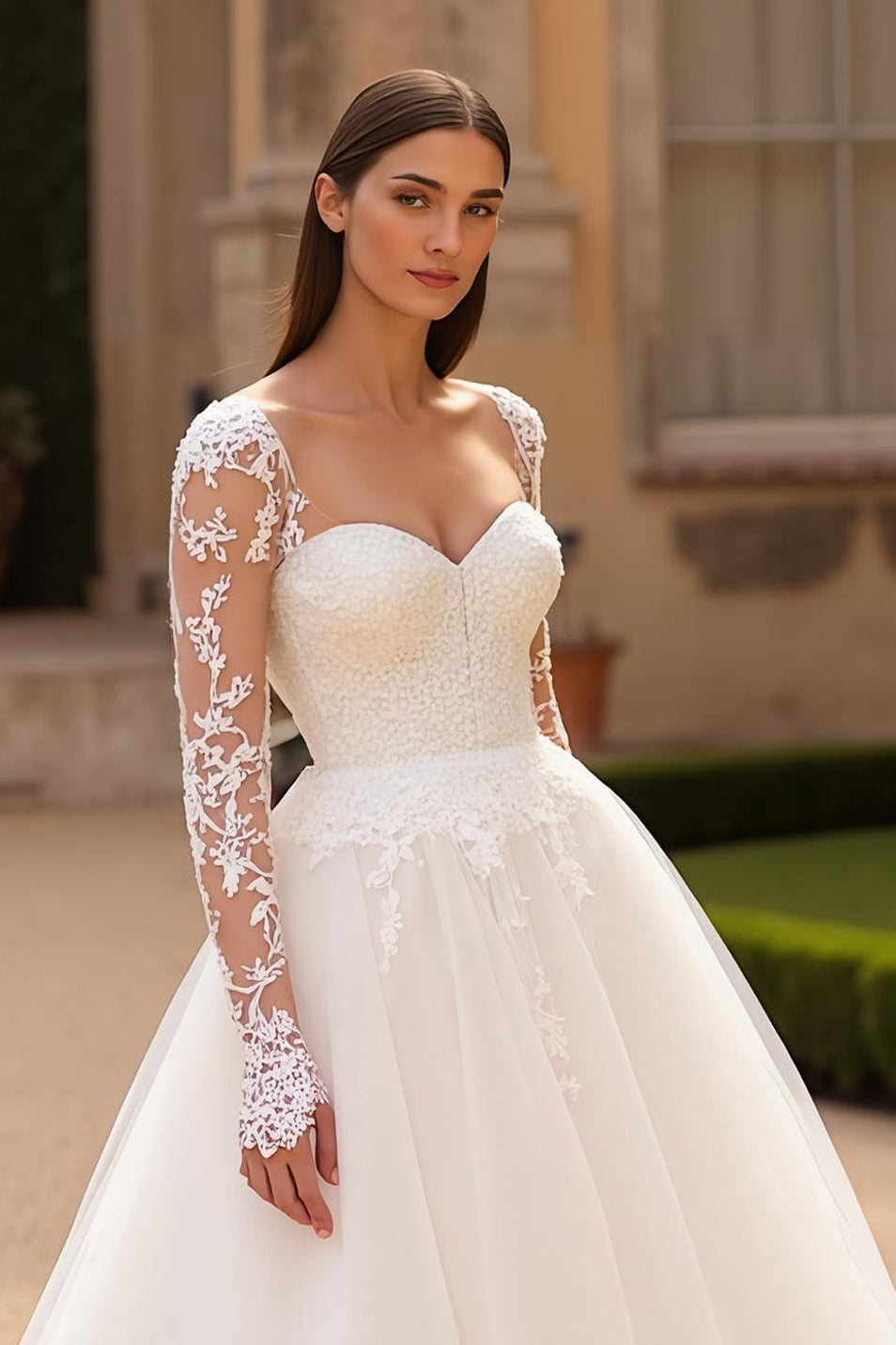 A Line Tulle Long Sleeves Ivory Sweep Train Wedding Dress with Lace