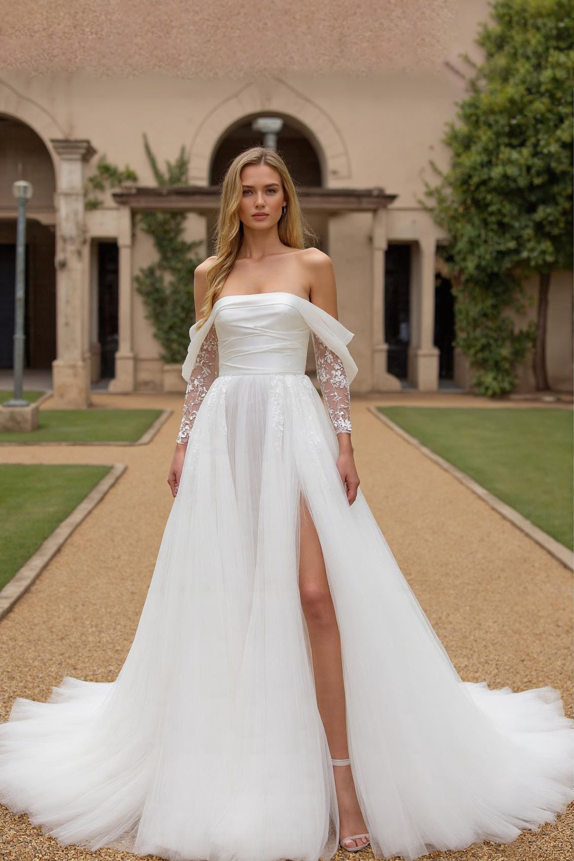 Ivory Tulle Off the Shoulder A Line Long Sleeves Wedding Dress with Slit