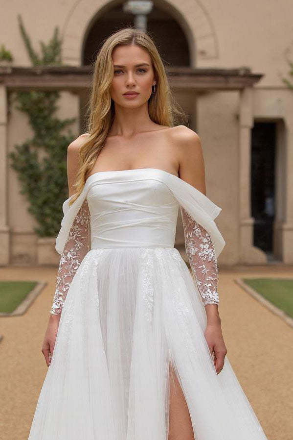 Ivory Tulle Off the Shoulder A Line Long Sleeves Wedding Dress with Slit