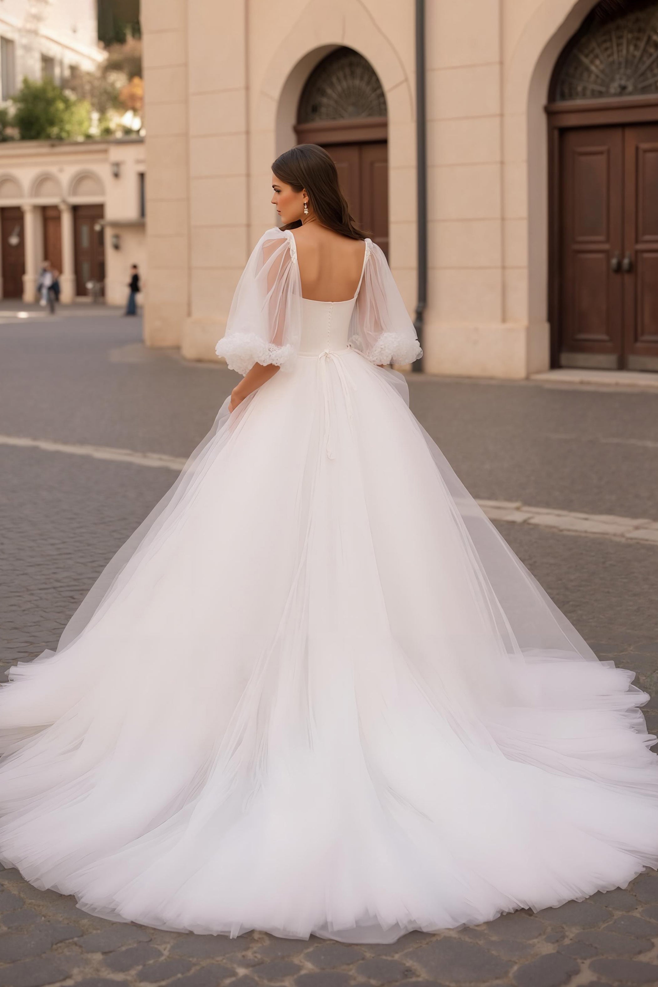 Ivory Half Puff Sleeves Ball Gown Sweep Train Wedding Dress with Ruffles