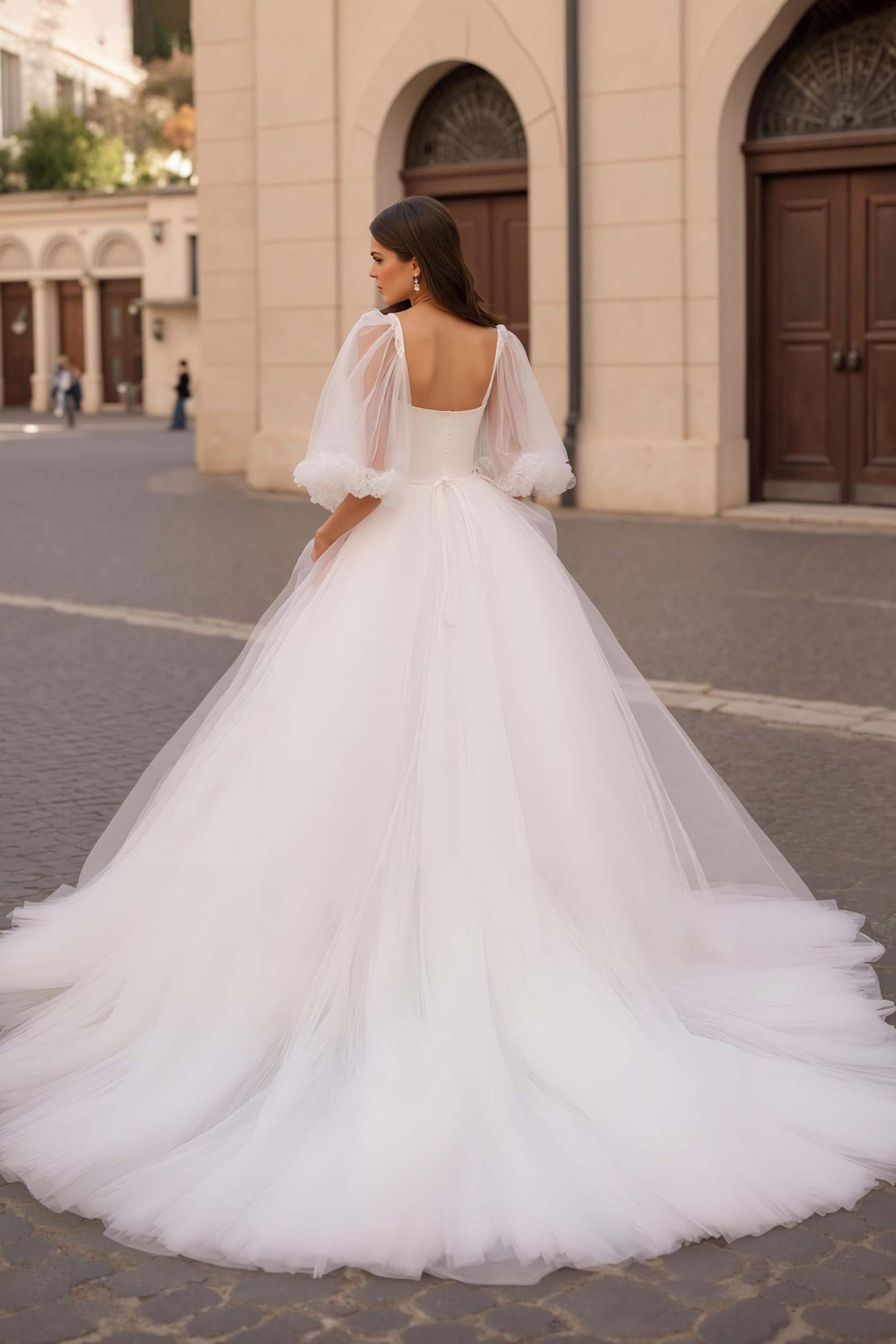 Ivory Half Puff Sleeves Ball Gown Sweep Train Wedding Dress with Ruffles
