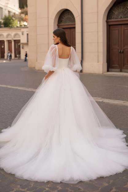 Ivory Half Puff Sleeves Ball Gown Sweep Train Wedding Dress with Ruffles