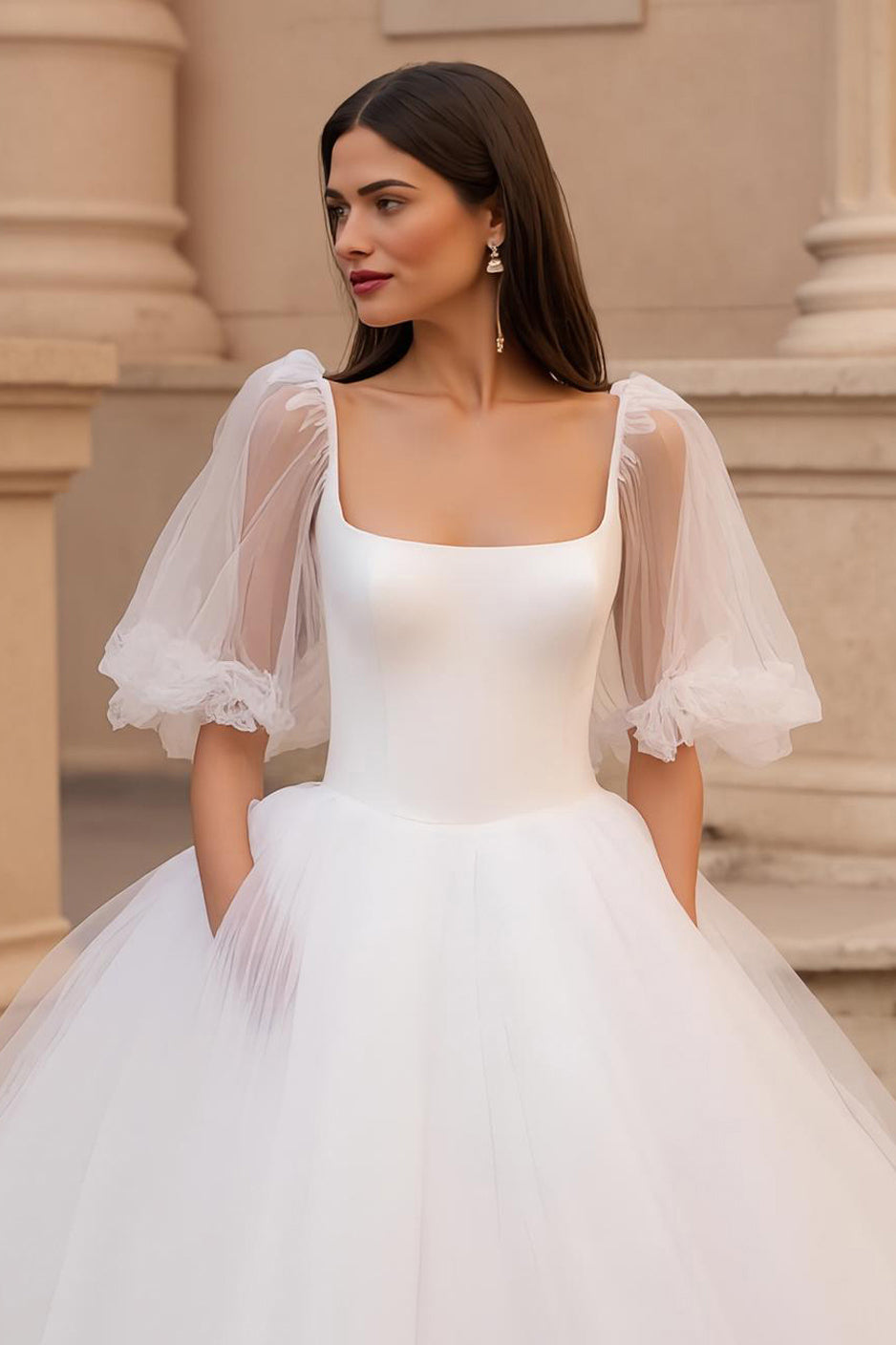 Ivory Half Puff Sleeves Ball Gown Sweep Train Wedding Dress with Ruffles