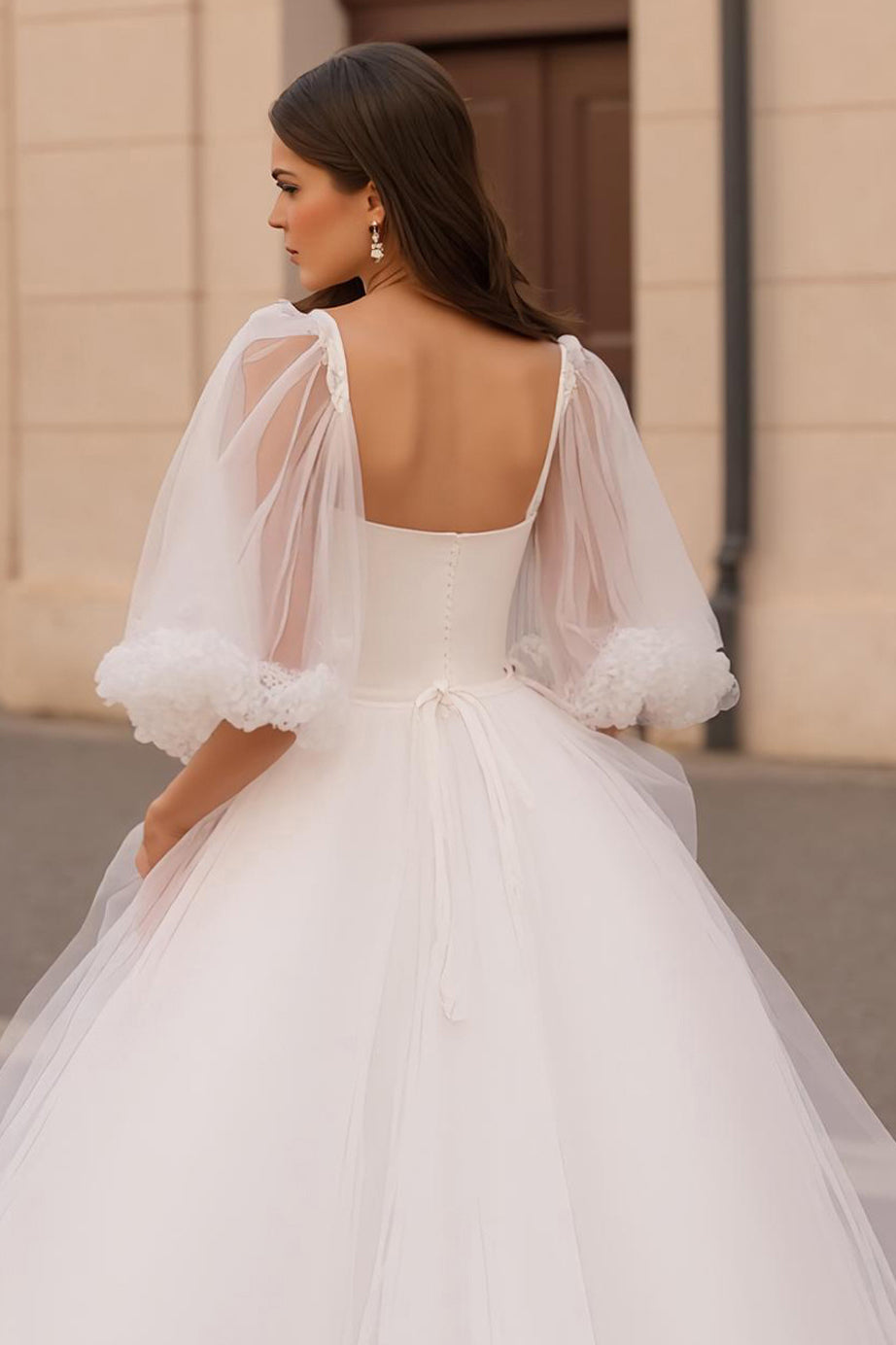 Ivory Half Puff Sleeves Ball Gown Sweep Train Wedding Dress with Ruffles