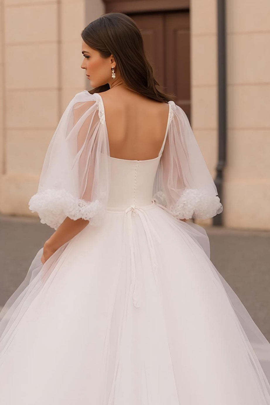 Ivory Half Puff Sleeves Ball Gown Sweep Train Wedding Dress with Ruffles
