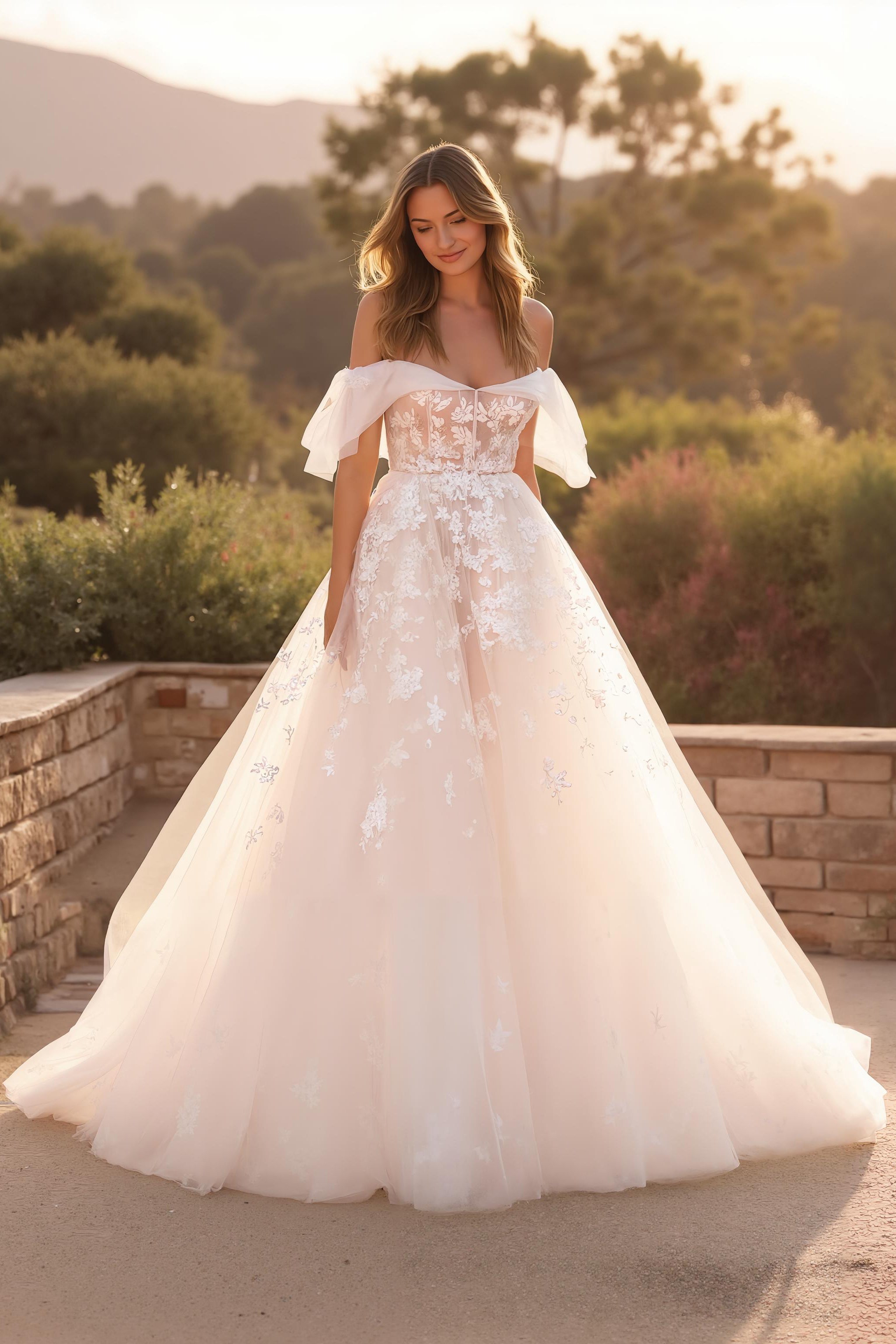 Ivory Off the Shoulder Ruffled Sweep Train Appliqued Wedding Dress