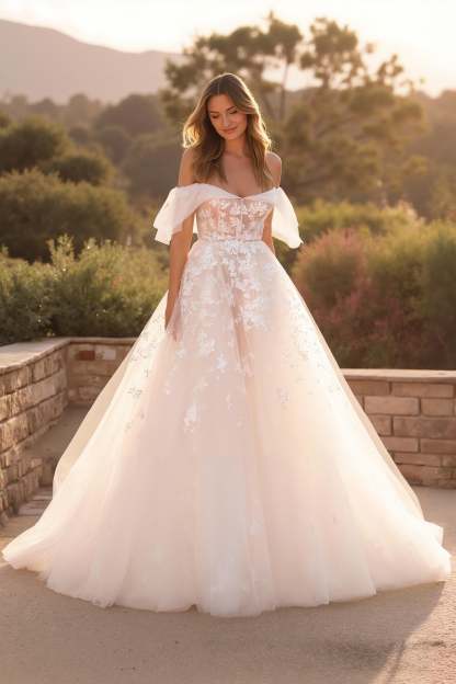 Leely Women Ivory Ruffled A Line Sweep Train Wedding Dress with Appliques Off the Shoulder Backless Bridal Dress