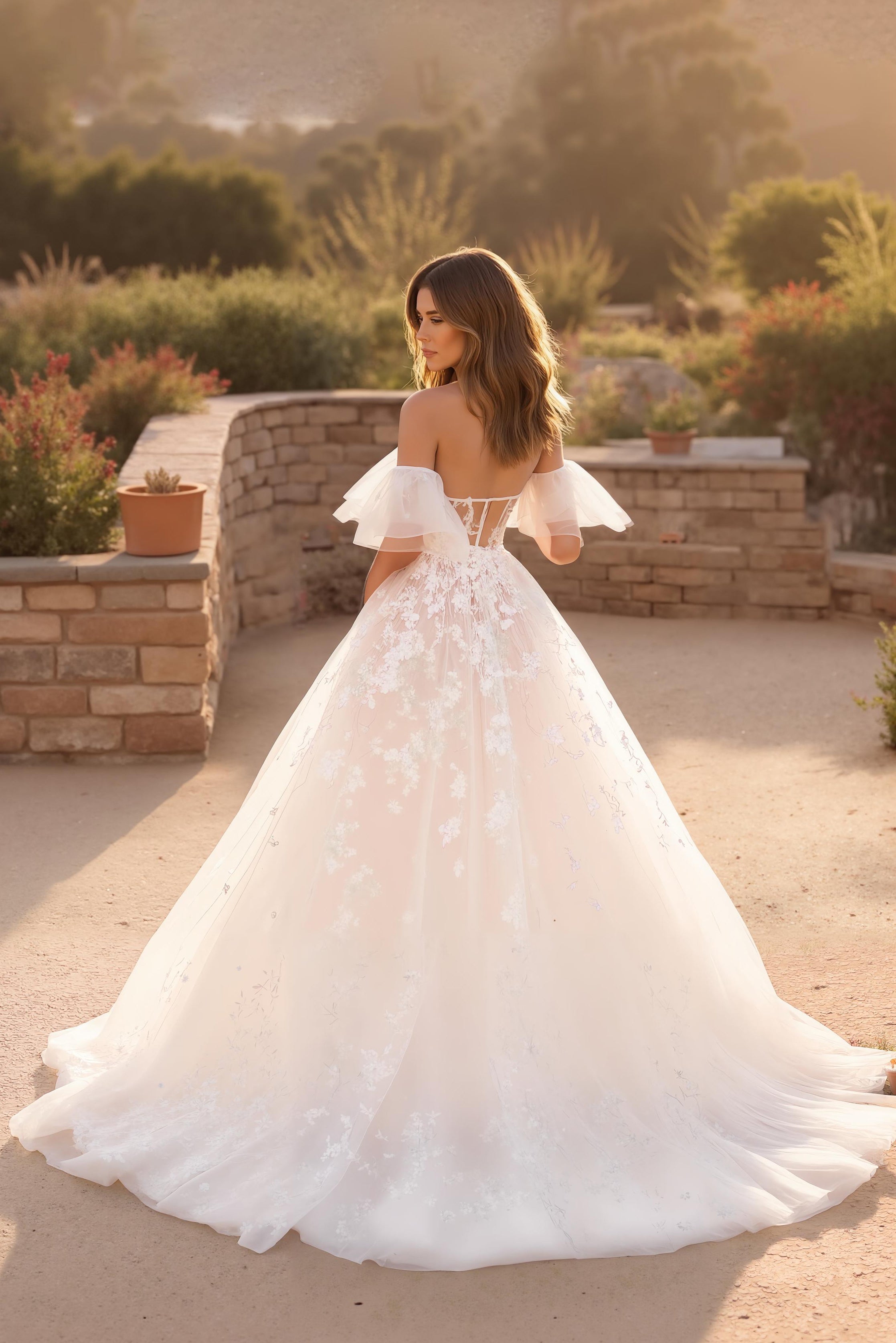 Ivory Off the Shoulder Ruffled Sweep Train Appliqued Wedding Dress