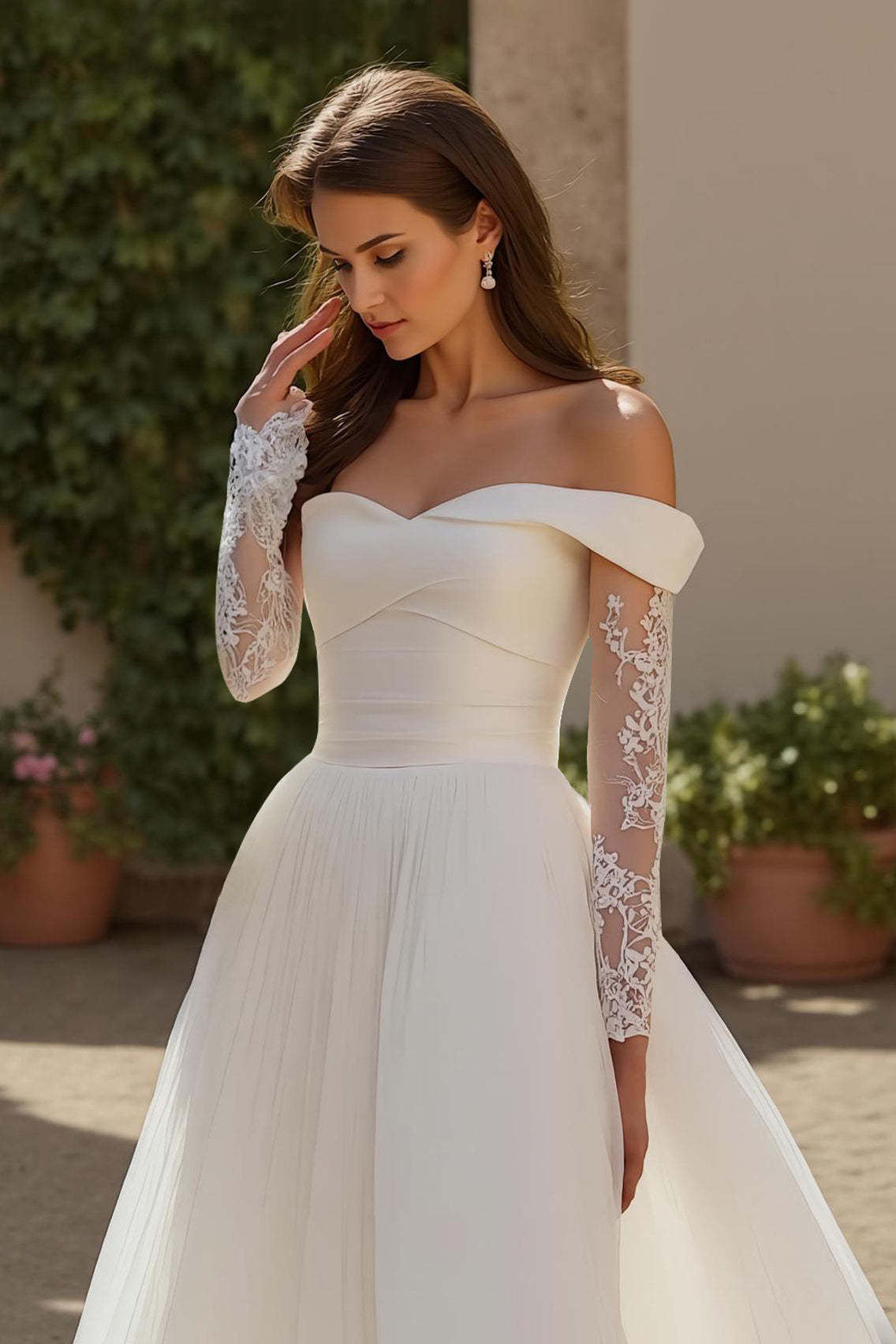 Ivory Long Sleeves A Line Ruched Sweep Train Wedding Dress with Lace