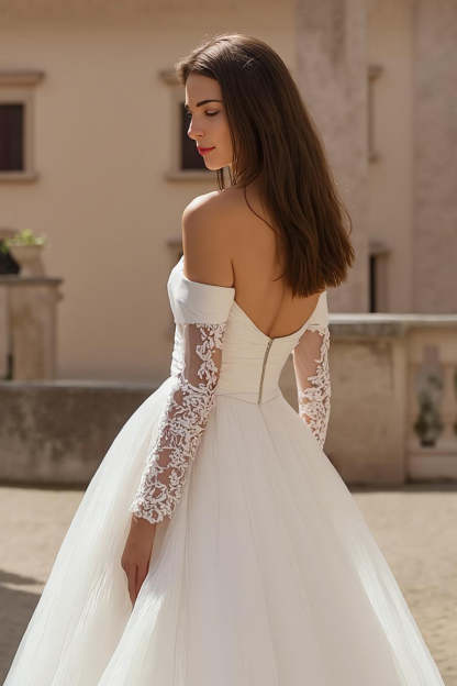 Ivory Long Sleeves A Line Ruched Sweep Train Wedding Dress with Lace