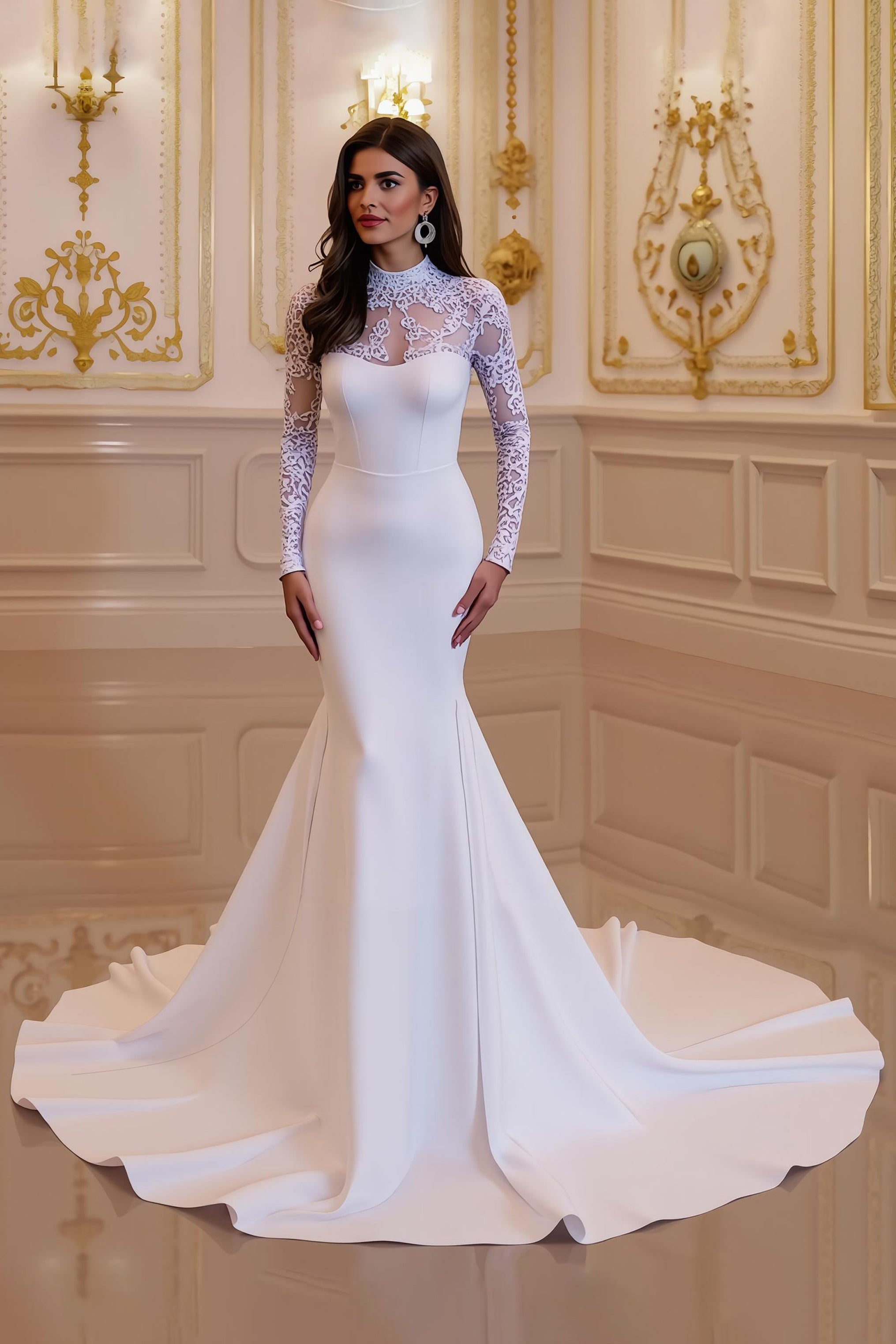 Ivory Mermaid High Neck Sweep Train Vintage Wedding Dress with Lace