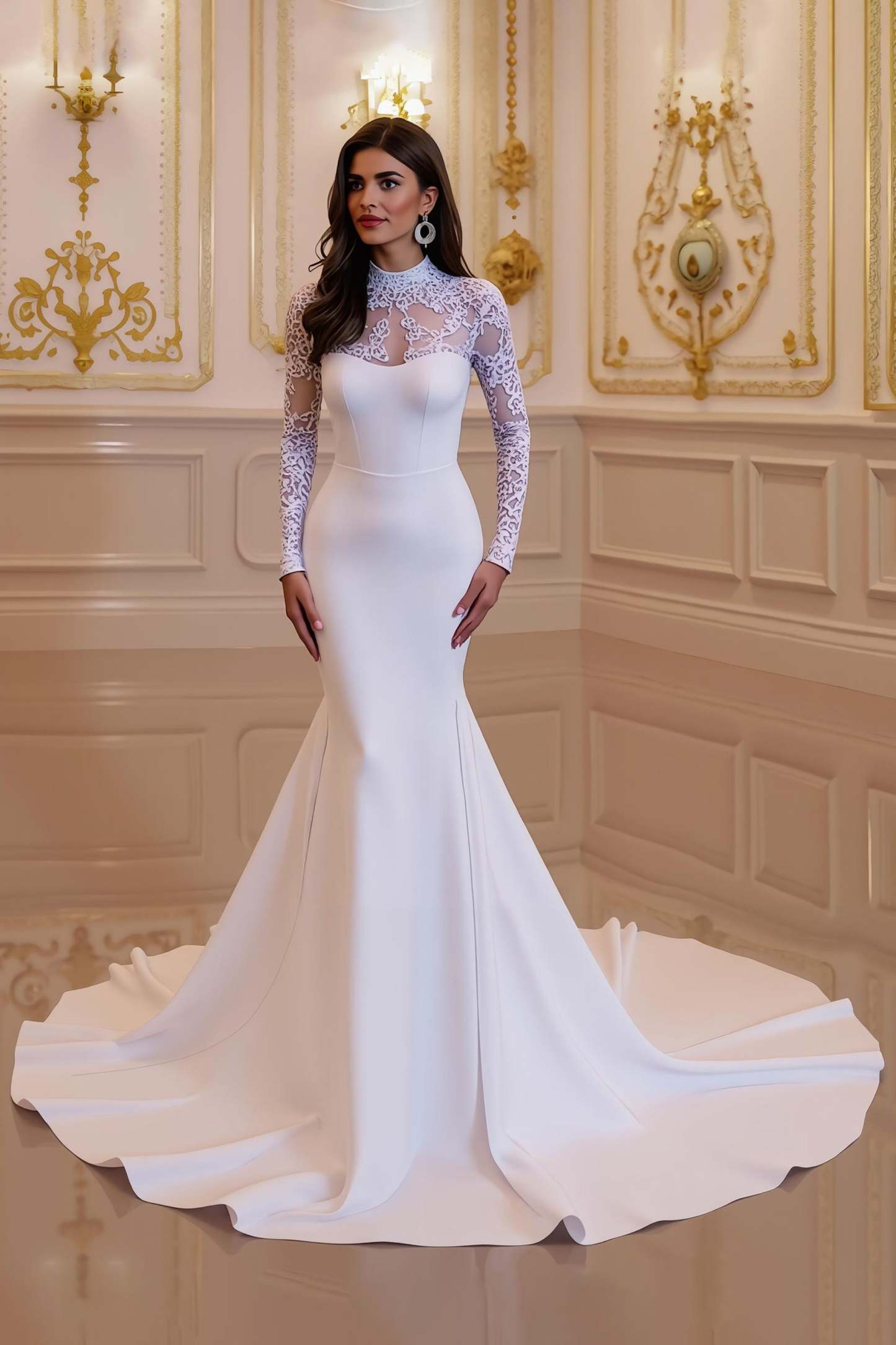Leely Women Ivory Mermaid Satin Sweep Train Wedding Dress with Lace High Neck Long Sleeves Bridal Dress