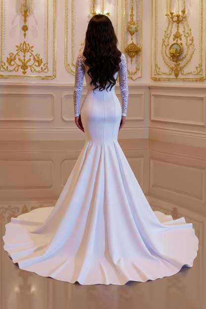 Ivory Mermaid High Neck Sweep Train Vintage Wedding Dress with Lace