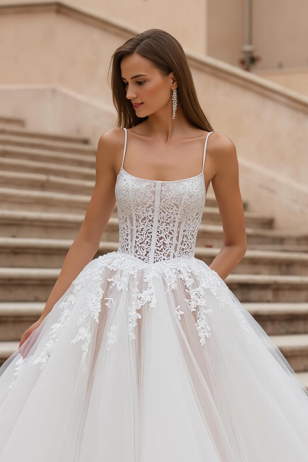 Ivory Corset Ball Gown Tulle Sweep Train Wedding Dress with Lace