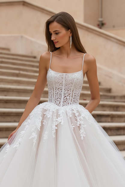 Ivory Corset Ball Gown Tulle Sweep Train Wedding Dress with Lace