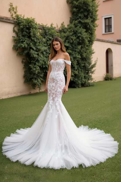 Leely Women Ivory Lace Mermaid Sweep Train Wedding Dress Off the Shoulder Bridal Dress