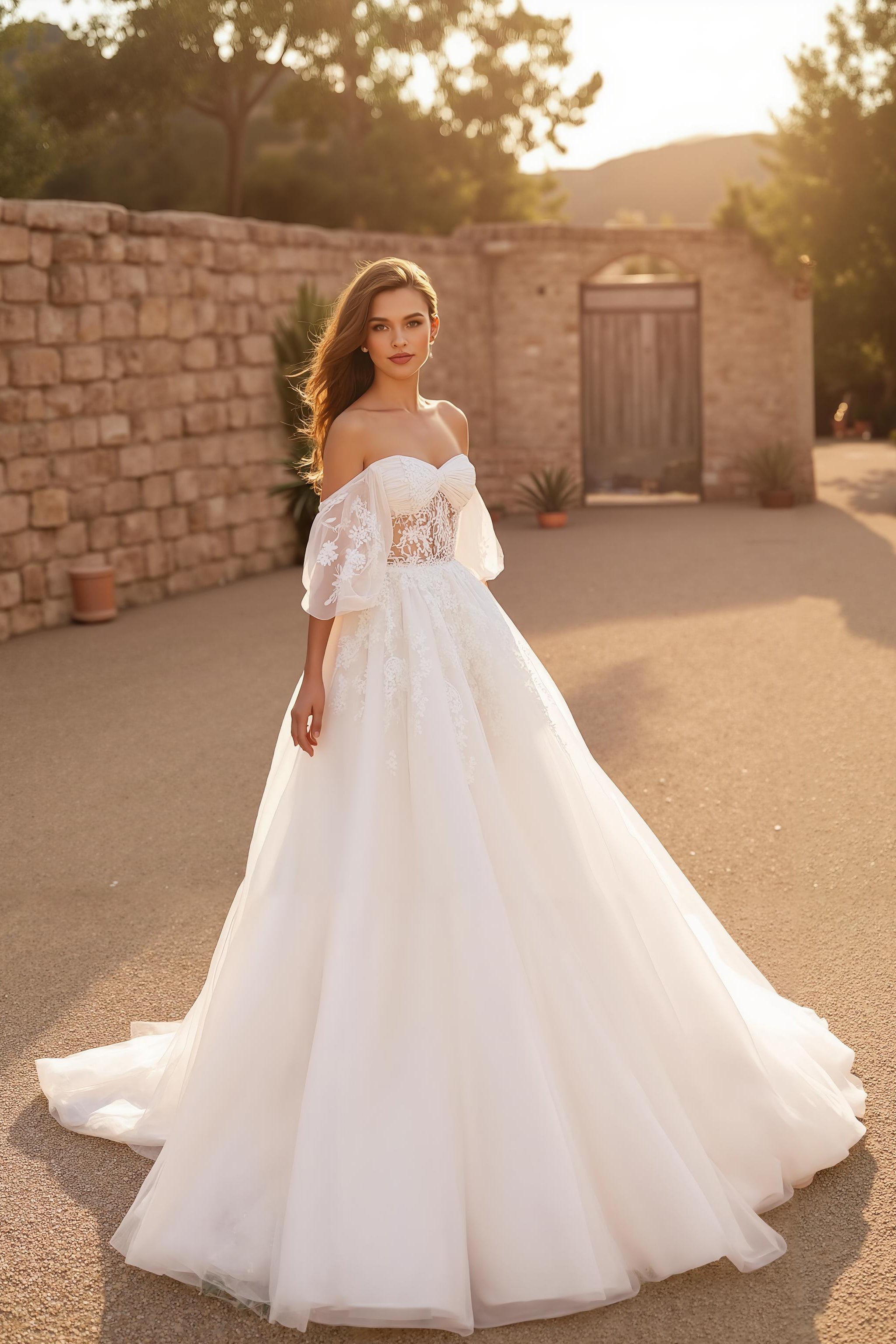 Ivory Off the Shoulder Backless Sweep Train Wedding Dress with Lace