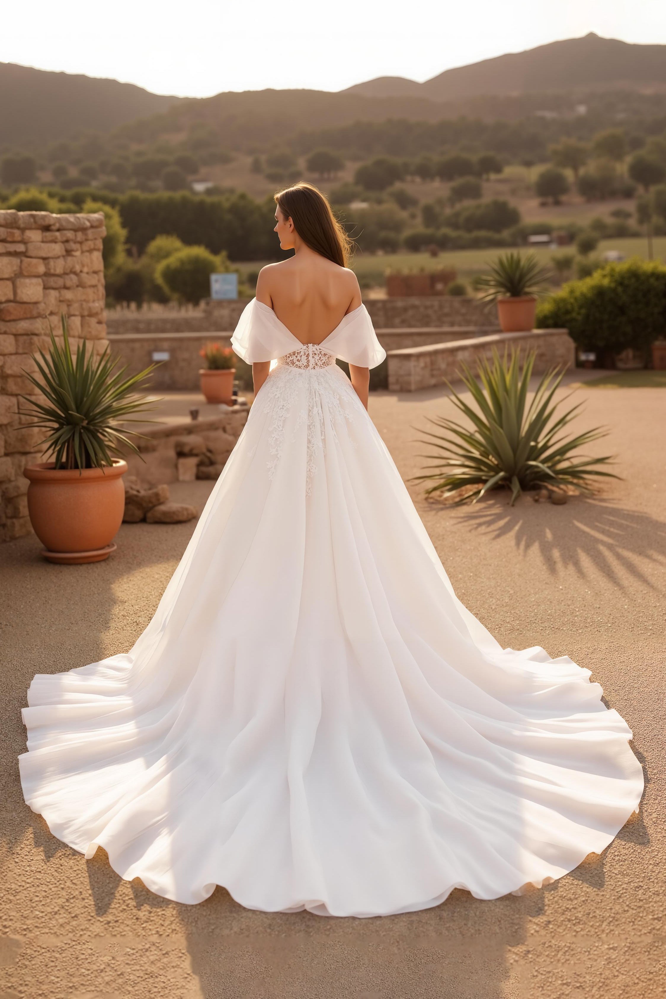 Ivory Off the Shoulder Backless Sweep Train Wedding Dress with Lace
