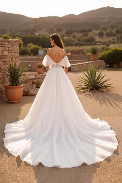 Ivory Off the Shoulder Backless Sweep Train Wedding Dress with Lace