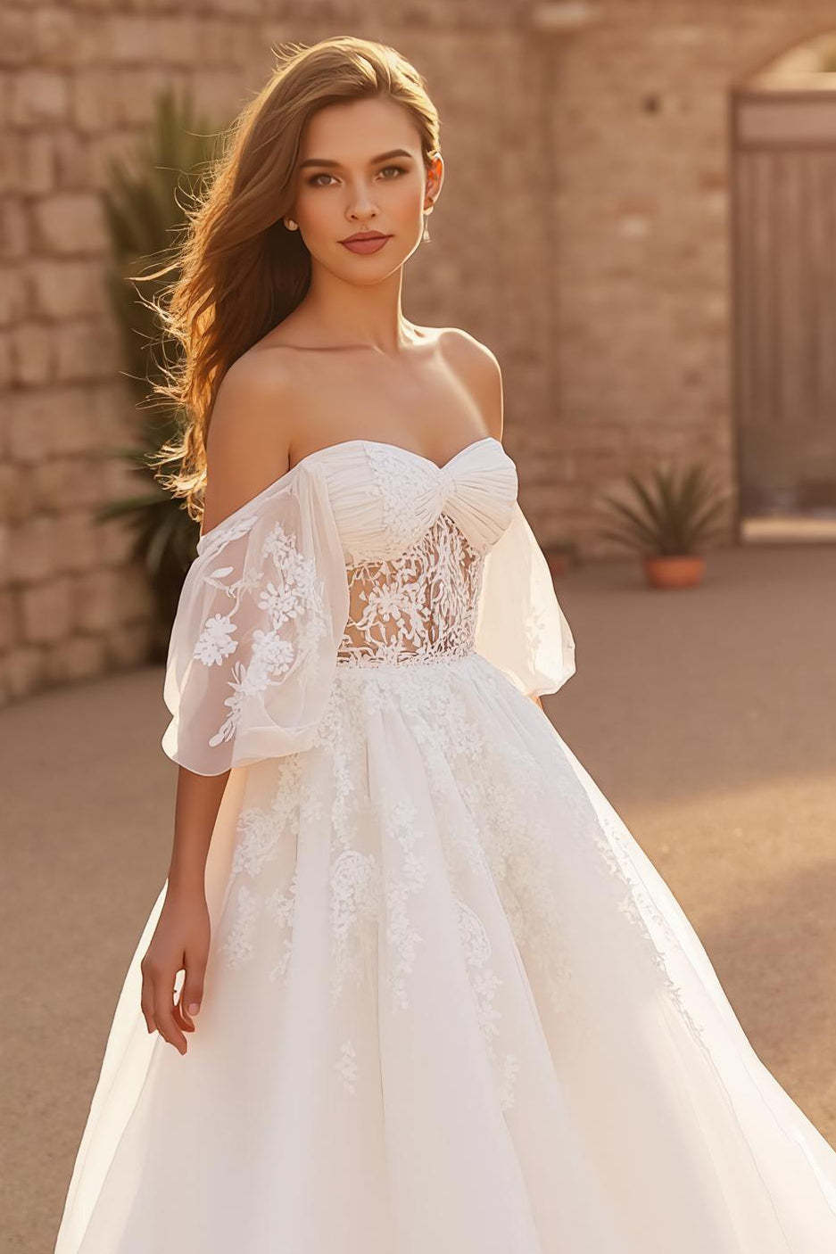 Ivory Off the Shoulder Backless Sweep Train Wedding Dress with Lace