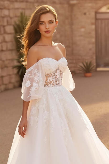 Ivory Off the Shoulder Backless Sweep Train Wedding Dress with Lace
