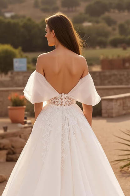 Ivory Off the Shoulder Backless Sweep Train Wedding Dress with Lace