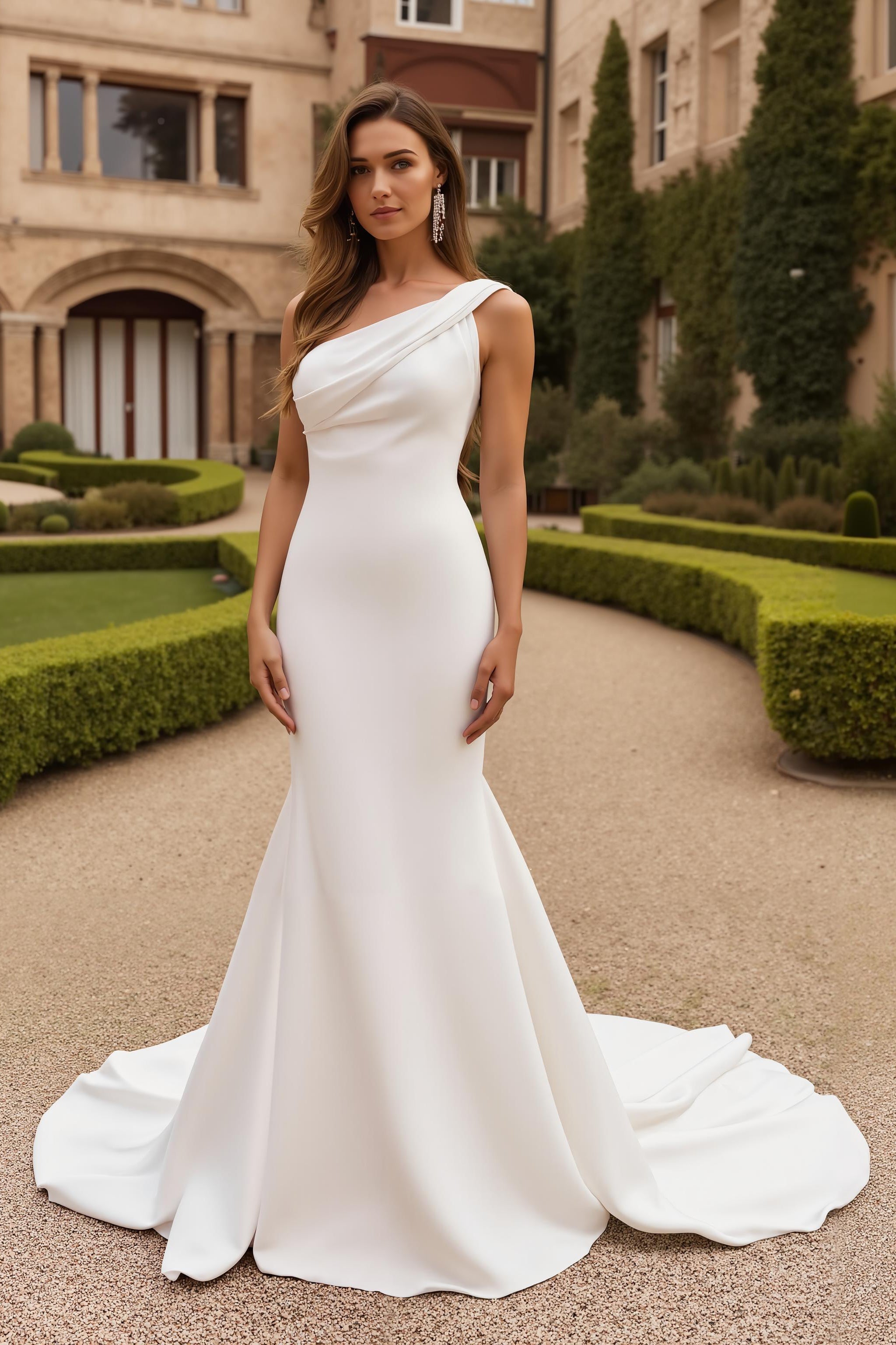 Satin Mermaid Ivory One Shoulder Sweep Train Wedding Dress