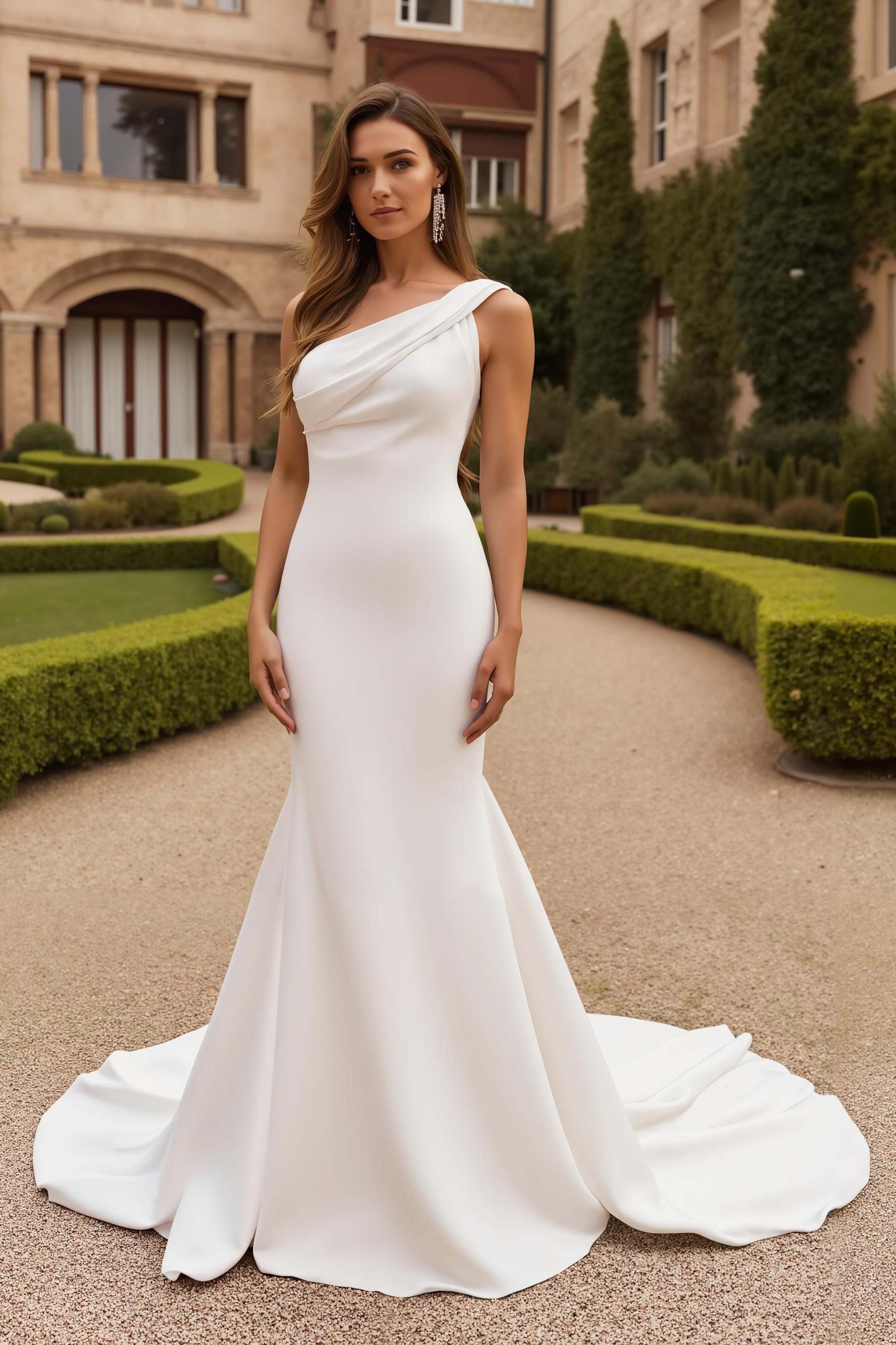 Leely Women Ivory Satin Mermaid Sweep Train Wedding Dress Ruched One Shoulder Bridal Dress