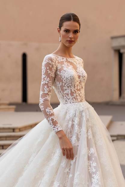 Ivory Lace Appliqued Ball Gown Sweep Train Wedding Dress with Sleeves