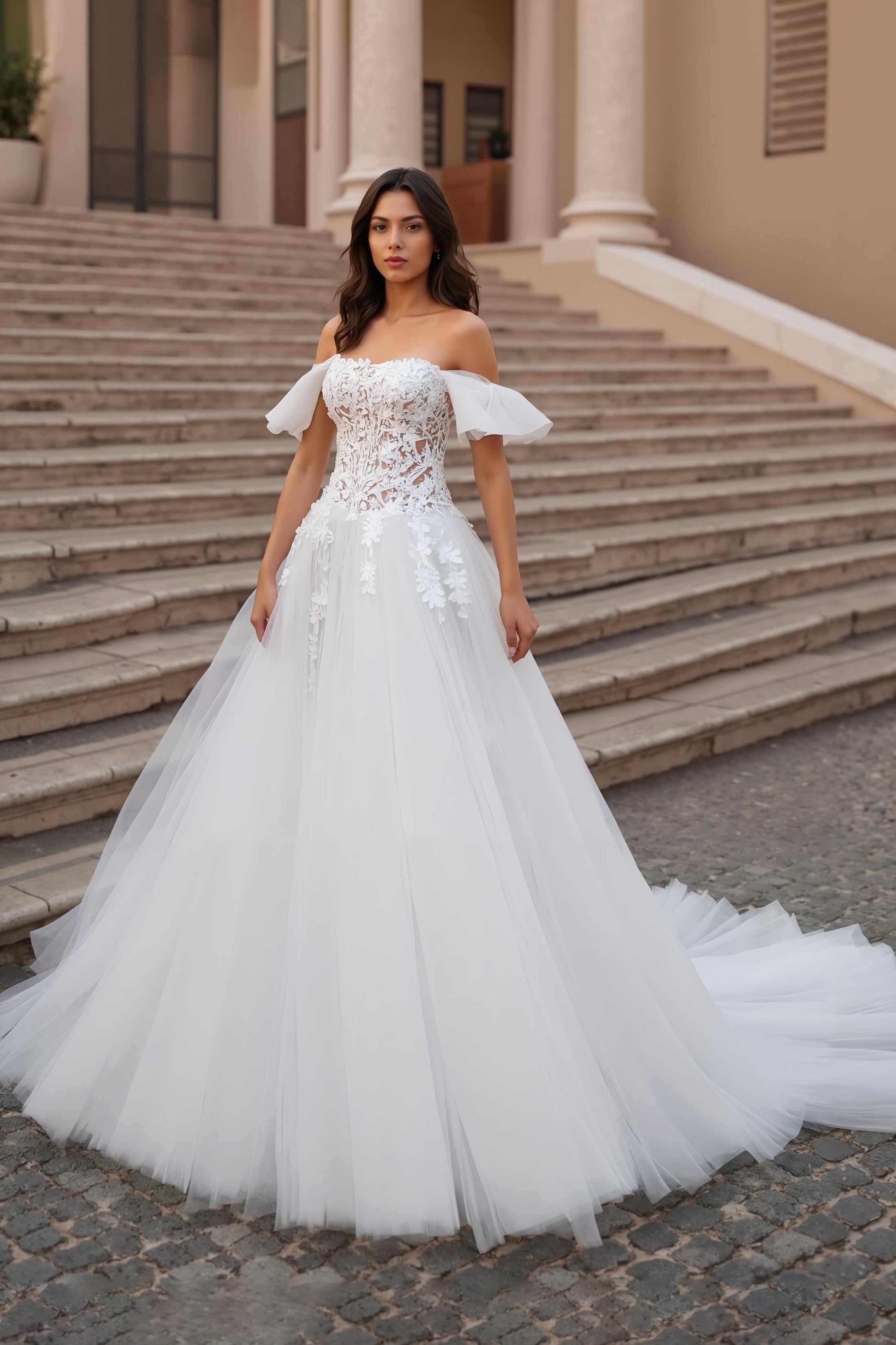 Ruffled Ivory Off the Shoulder Sweep Train Wedding Dress with Lace