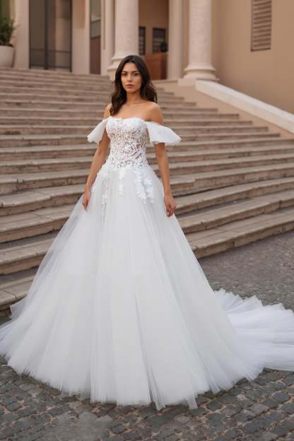 Leely Women Ivory Ruffled Sweep Train Tulle Wedding Dress with Lace Off the Shoulder A Line Bridal Dress